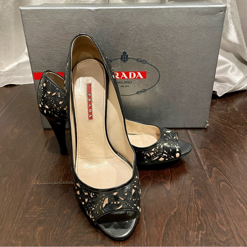 Prada Linea Rossa Black Patent Lace Cut-out Pumps